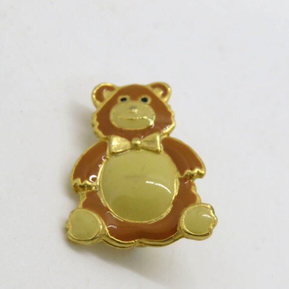 Vintage Teddy Bear Brooch Enamel Gold Tone 1" Pin Brown Cream - Picture 3 of 7